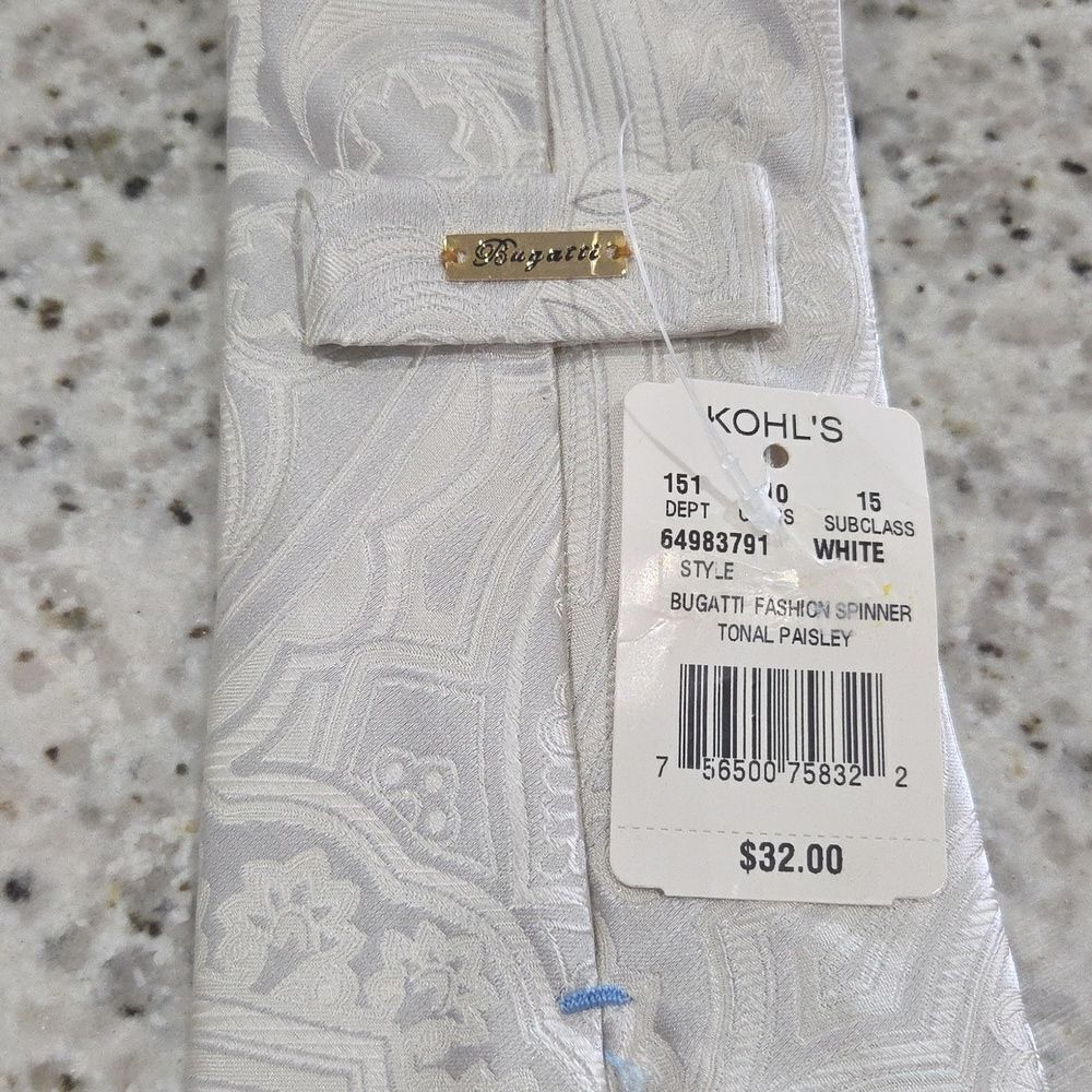 Bugatti Mens 4 In Fasion Spinner Tonal White Paisley, Silk Tie, NWT - Picture 5 of 5